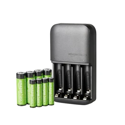 Image of Amazon Basics Rechargeable Batteries NiMH, AAA 800mAh 4 Pack + AA 2000mAh with Bay Battery Charger, UK Plug, Black