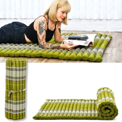 Image of Leewadee Foldable Floor Mattress Japanese Roll Up Futon Trifold Tatami Mat Guest Bed Camping Thai Massage Mat, Kapok Filled, 190 x 100 cm, Green