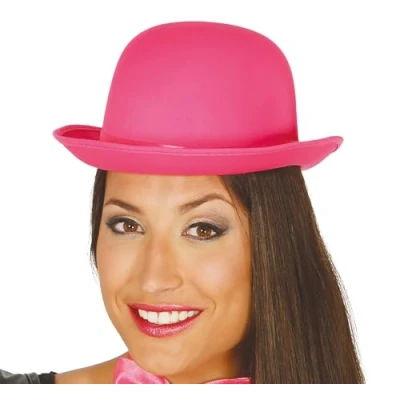 Image of FIESTAS GUIRCA Adult Satin Deluxe Bowler Hat Pink Clown Fancy Dress Up Colourful Halloween Cosplay World Book Day Circus Unisex One Size