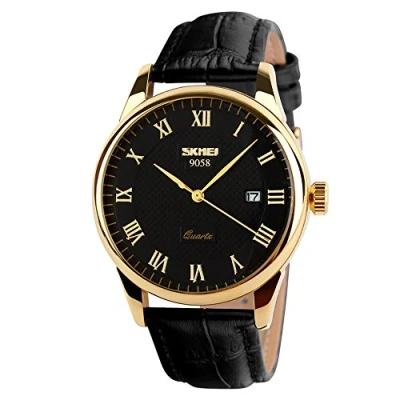 Image of SKMEI Business Men’s Quartz Wristwatches Roman Numeral Leather Band Casual Water Resist Analog Watches, Black+Gold,