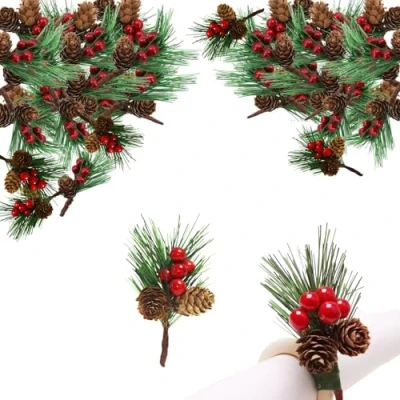 Image of 10 Pcs Artificial Pine Picks Christmas Needles with Red Berries Cones,Christmas Cones Berry Stems Decor Bouquets for Craft,Garden,Xmas Flower Arrangements Wreaths