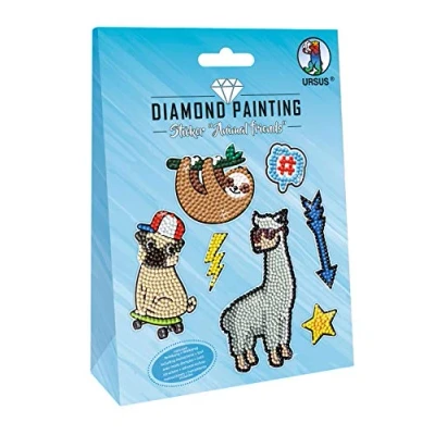 Image of URSUS 43500005 Diamond Painting Animal, for Designing Stickers with Sparkling Diamonds, 2 Sticker Sheets 15 x 10 cm, Various Designs, Diamond, Picker, Wax and Bowl, Colourful