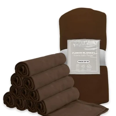 Image of Dreamscene Wholesale 10 x Plain Fleece Blanket Soft Warm Bulk Throw Over Joblot 120 150cm, Chocolate Brown