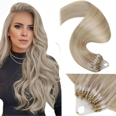 Image of LaaVoo Micro Beads Ring Hair Extensions Dark Blonde Highlight Platinum Loop 22 Inch 50 Strands 50g Remy Straight Real Human #18/613