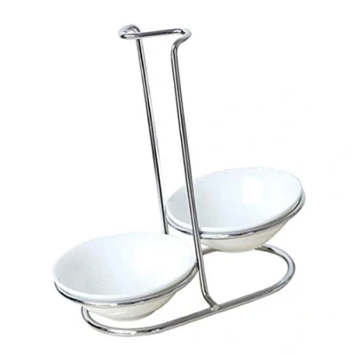 Image of CUTICATE Stainless Steel Spoon Rest Soup Ladle Colander Holder Stand Rack Kitchen Silver, Double round bowl