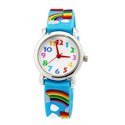 Image of ele ELEOPTION Girl&#039;s Digital Quartz Waterproof 3D Cute Cartoon Round Dial Wrist Watch with Silicone Strap, Rainbow, Blue