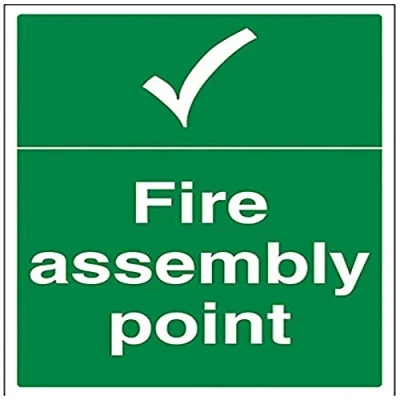 Image of VSafety Fire Assembly Point With Tick Sign Portrait 300mm x 400mm Self Adhesive Vinyl