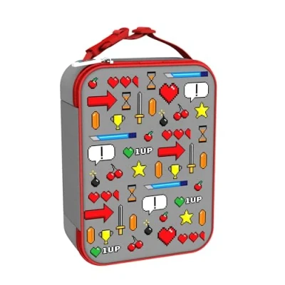 Image of Ion8 Gaming Design Lunch Bag, Easy Access 3 Sided Zip, Write On Name Patch, Freshness &amp; Insulation for 6 Hours, Elasticated Mesh Pocket Bottles, Machine Washable, Polyester Material, Grey