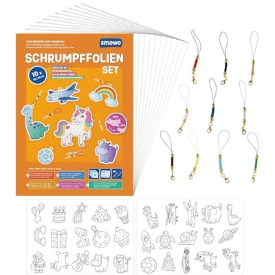 Image of Smowo® Shrink Film Set with Key Ring Pack of 10 Shrinking Plastic Craft Motifs A4 Matte Transparent