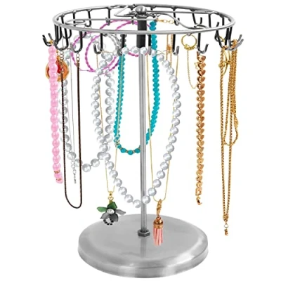 Image of BELLE VOUS Silver Metal Rotating Jewellery Holder Display Stand (23 Hooks) H34.8 x W20.5cm / 13.70 8.07 Inches Hanging Organiser Tower Rack Storage for Necklaces &amp; Bracelets, Rings Earrings