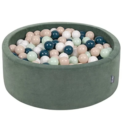 Image of KiddyMoon Soft Ball Pit Round 90X30cm/200 Balls ∅ 7Cm / 2.75In For Kids, Foam Velvet Pool Baby Playballs, Made In EU, Forest Green:Dark Turquoise/Pastel Beige/White/Mint