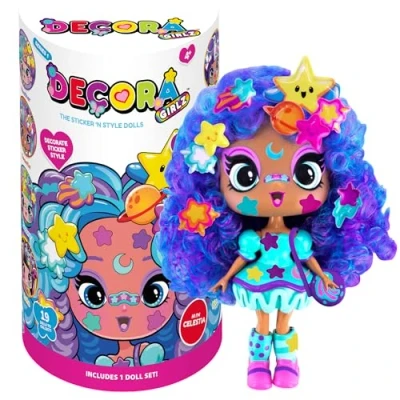 Image of John Adams Decora Girlz 5&quot; Celestia sticker &#039;n&#039; Style Fashion Doll features 44 colourful Accessories including dress, shoes, bag, comb, sheets Dolls &amp; Ages 4+