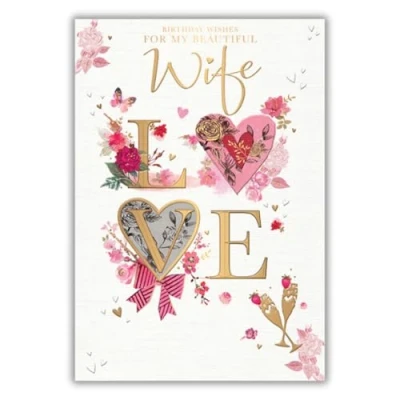 Image of Words n Wishes Beautiful Wife &#039;Happy Birthday&#039; Card &#039;Love&#039; Lovely Design with Flowers and Champagne Foil Embossed Finish for Her