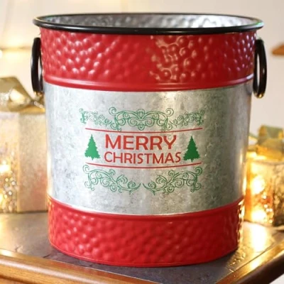 Image of Fyne Finds Merry Christmas Tree Metal Plant Pot Drum Shaped Planters With Handles 27cm, 10inch Xmas Festive Gift