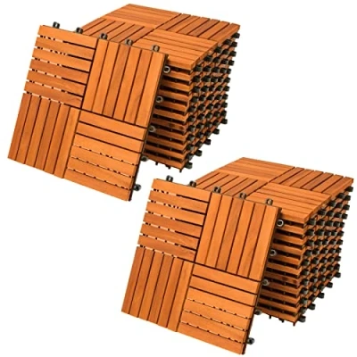 Image of CASARIA® 22x Wooden Quattro Mosaic Decking Tiles 30x30cm Cuttable Interlocking System Drainage Garden Patio Click Lock in Flooring Deck FSC Certified Acacia Wood 22