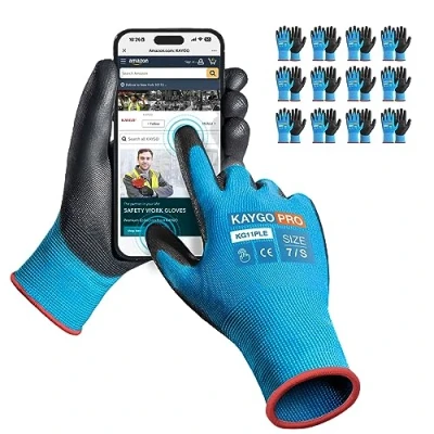 Image of KAYGO Work Gloves PU Coated 12 Pairs Touchscreen, KG11PLE, Safety Working with Secure Grip on Palm &amp; Fingers, for Men and Women, Ideal General Duty Work, Gardening (Small, Blue)