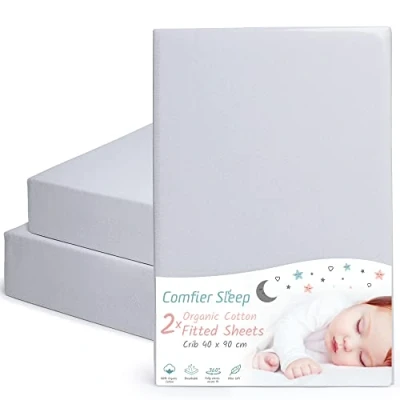 Image of Crib Sheets 40x90cm Fully Fitted and 100% Organic Cotton Completely Natural Grey color Set of 2 Ultra soft Comfortable for Your Baby 40 x 90 cm size