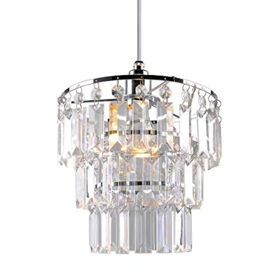 Image of Crystal Light Shade, Modern Chrome Chandelier Ceiling Pendant Shades,3 Tiers Acrylic with Clear Jewel Effect Droplets,Chrome Frame and Beads, PS02CLR