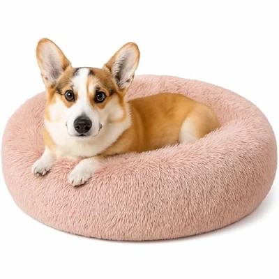 Image of Calming Donut Cat Bed, Fluffy Plush Round Dog Cosy Soft Washable Cushion Self Warming Pet Beds Non Slip Bottom, Anti Anxiety Indoor Sleeping Cuddler Nest for Medium Large Dogs (Dusty Pink 100cm)