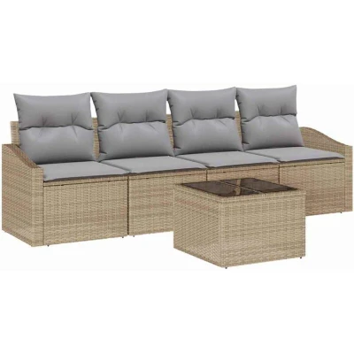 Image of vidaXL 5 Piece Garden Dining Set with Cushions Beige Poly Rattan