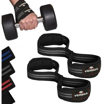 Image of VERSAL Weight Lifting Straps Figure 8 Neoprene Padded Wrist Support Gym Heavy Duty Weightlifting Deadlift for Powerlifting Fitness Training Workout (Grey/Black)