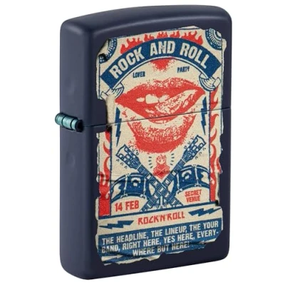 Image of Zippo Windproof Lighter Rock and Roll Poster Design Navy Matte Refillable for Lifetime Use Gift Box Metal Construction Made in USA, One Size