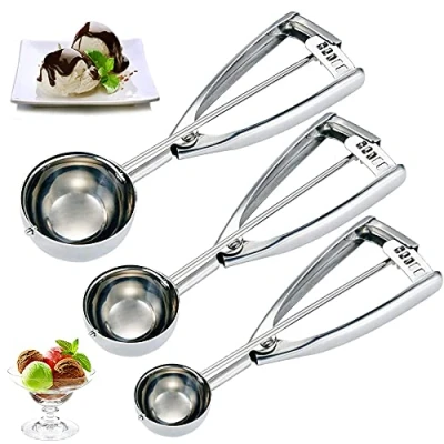 Image of 3 Pieces Stainless Steel Ice Cream Spoon, Spoons for and Fruit, Dough Cookie Scoop, Specifications, Cream, Melon, Cupcake, Chocolate