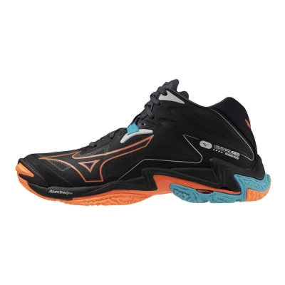 Image of Mizuno WAVE LIGHTNING Z8 MID Volleyball Shoes Black/Neon Flame/Peacock Blue Women/Men Size 11,5