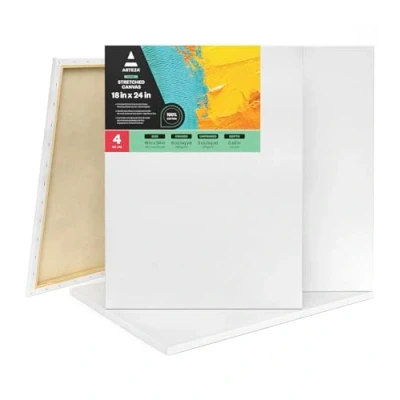 Image of Arteza Stretched Art Canvas, Pack of 4, 45.7 x 61 cm, 8 oz Gesso Primed, 100% Cotton White Blank Canvases for Acrylic Painting and Pouring