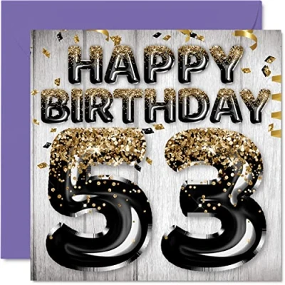 Image of 53rd Birthday Card for Men Black &amp; Gold Glitter Balloons Happy Cards 53 Year Old Man Dad Grandad Grandpa Gran Uncle, 145mm x Fifty Three Third Bday Greeting Gift