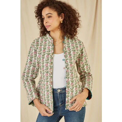 Image of Yumi Womens Teal Floral Print Reversible Cotton Quilted Jacket Size 14 UK