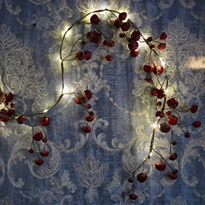 Image of SHATCHI 150cm Pre Lit Hanging Garland Decorations Golden/Silver/Red/Rustic Bells with 20 Warm White LEDs Christmas Home Wall Door Jingle Xmas Holiday DIY Crafts, 150 CM