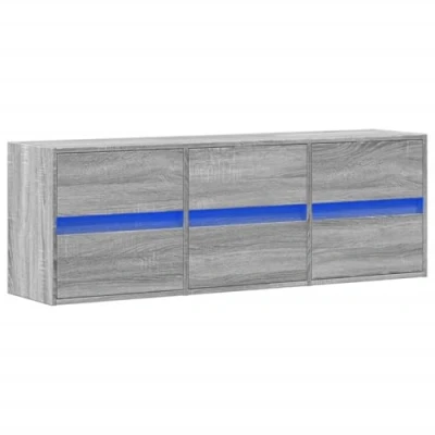 Image of vidaXL TV Wall Cabinet with LED Lights Grey Sonoma Floating Unit, Engineered Wood, 130x31x45 cm, 6 Drawers, Adjustable RGB Ambiance