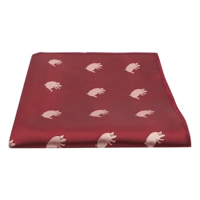 Image of King &amp; Priory Burgundy Red Embroidered Pig Pocket Square, Handkerchief