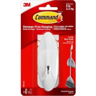 Image of Command Large Wire Hook, White 1 Hook and 2 Adhesive Strips Removable Hanging for Various Surfaces Damage Free Holds up to 2.2kg