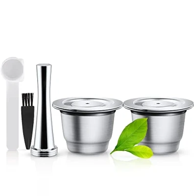 Image of i Cafilas Reusable Nespresso Capsules, Stainless Steel, 2 x Refillable Pods for Original Machines + 1 Tamper Spoon Brush
