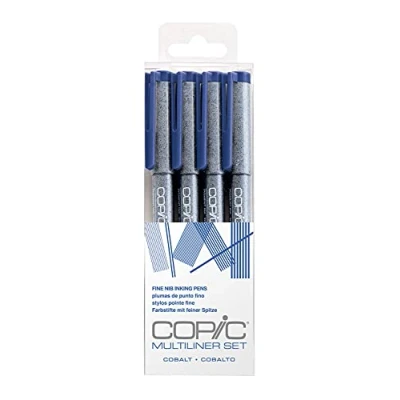 Image of Copic Multiliner Coloured Marker Pen cobalt Set 4 pcs. assorted, For Art &amp; Crafts, Colouring, Graphics, Highlighter, Design, Anime, Professional Beginners, Supplies Colouring Books