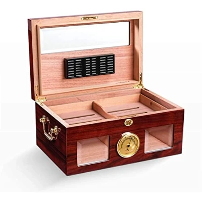 Image of ROLTIN Cigar Humidor, Humidor Case Humidors Cedar Wood with Hygrometer and Humidifier Translucent Glass Design Can Hold About 100 Cigars Box