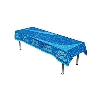 Image of FANCYDRESSCOZ Oaktree Happy Birthday Blue Colourfast Plastic Table Cover 137cm x 2.6m 1pc