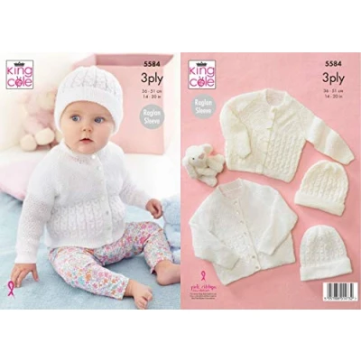 Image of King Cole 5584 Knitting Pattern Baby Raglan Cardigan and Hat in Big Value 3 Ply