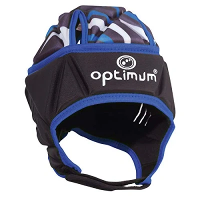 Image of Optimum Junior Razor Rugby and Football Headguard Full Coverage Scrum Cap Breathable, Soft Edged, Lightweight Protective Headgear Black/Blue, Small