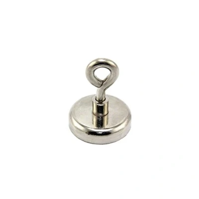 Image of Neodymium Clamping Magnet with M8 Eyebolt for Hanging, Holding or Displaying Items 48mm dia 95kg Pull
