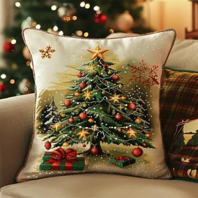 Image of Lfynior Cross Stitch Cushion Cover Christmas Tapestry Kit 45X45cm Needlepoint Craft Set pre Printed Handmade Stitched Decorative for Adults Beginners