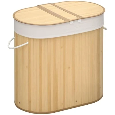 Image of HOMCOM Bamboo Laundry Basket with Lid, 100 Litres Hamper 2 Sections, Removable Washable Lining, Washing Baskets, 62.5 x 37 60.5cm, Natural