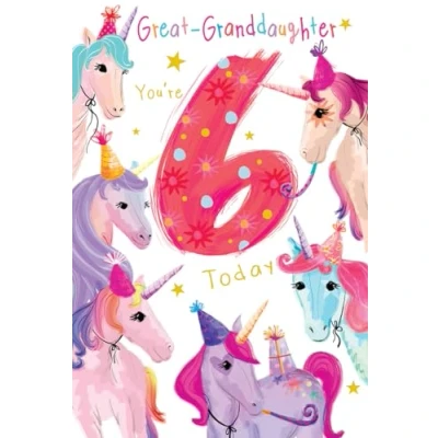 Image of Great Granddaughter 6th Birthday Card Age 6 Unicorns 9&quot; x 6&quot; Lovely Verse