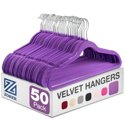 Image of Zober Velvet Hangers 50 Pack Heavy Duty Purple for Coats, Pants &amp; Dress Clothes Non Slip Hanger Set Space Saving Felt Clothing