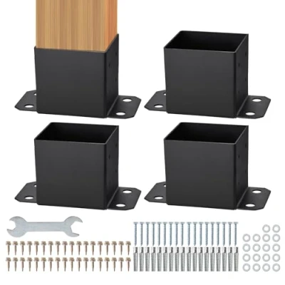 Image of VEVOR 152.4x152.4 Post Base 4 Pcs, Inner Size 142x142 Brackets, Heavy Duty Powder Coated Anchor Matte Black Wood Brackets for Pavilion Deck Railing Support Plate