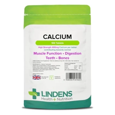 Image of Lindens Calcium 400mg with Vitamin D3 100 Tablets UK Made Contributes to Normal Muscle Function, Bones, Teeth and Digestion Letterbox Friendly