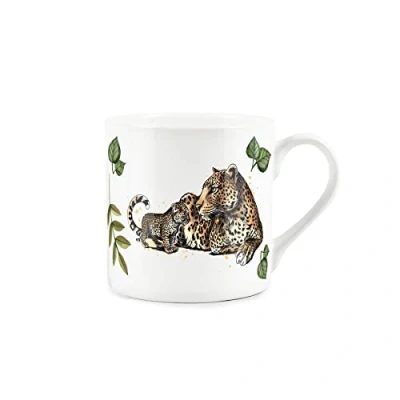 Image of Purely Home Lounging Leopards Mum &amp; Baby Cub with Exotic Jungle Leaves Fine Bone China White Mug Coffee/Tea Present Gift for Animal Lovers
