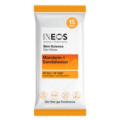 Image of Ineos Skin Science Mandarin + Sandalwood Antiperspirant Deodorant Body Wipes 15 Pack